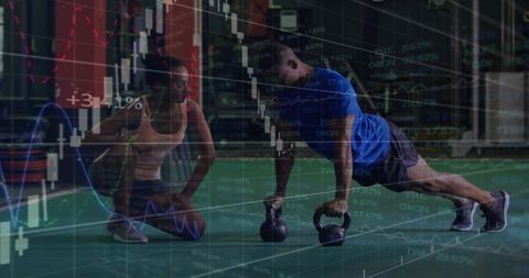 Partners training kettlebell plank on green turf overlaid with stock market chart graphics