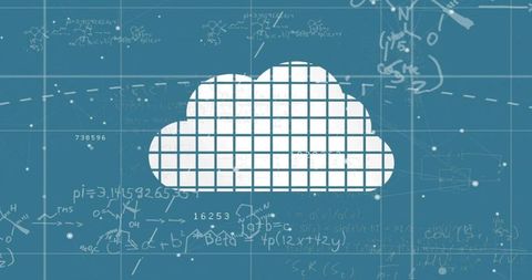 Tiled cloud grid blueprint with equations and data points for cloud computing analytics