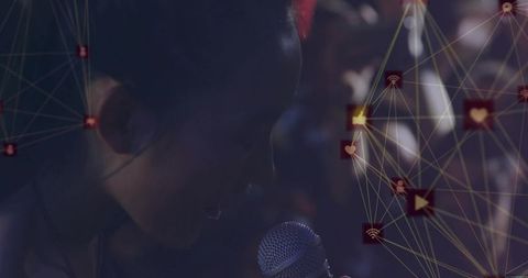 Singing performer digital connectivity social media icons overlay