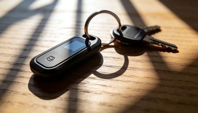 Sunlight casting shadow on key fob and keys on wooden table, close-up everyday scene