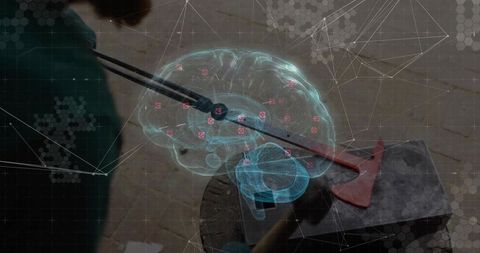 Forging red-hot metal with tongs and holographic brain overlay visualizing neural data