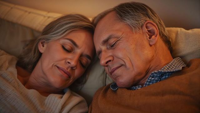Mature couple cuddling on sofa sharing intimate cozy evening warmth and quiet romance