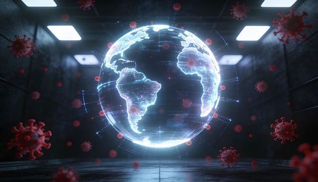 Holographic earth surrounded by viral particles visualizing global pandemic network