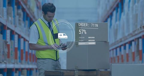 Warehouse worker using digital order processing interface