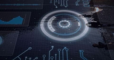Futuristic Holographic HUD Projecting Blue Concentric Interface Reflecting on Wet Pavement
