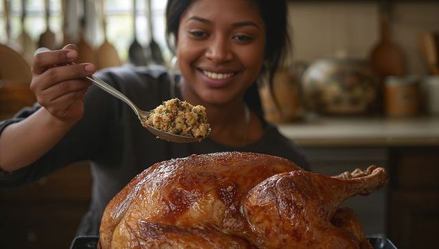 Smiling woman stuffing golden roasted turkey with herb stuffing for holiday dinner