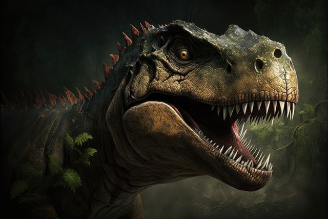 Tyrannosaurus rex dinosaur roaring over rock wall and leaves, created using generative ai technology. Prehistory, dinosaur and paleontology concept.