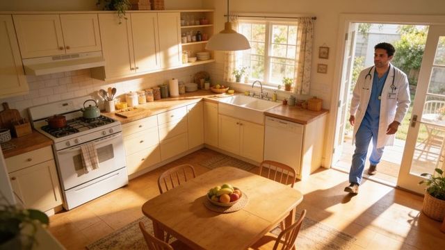 Male doctor entering sunlit farmhouse kitchen wearing white coat and blue scrubs