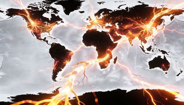 Global network map connecting continents with glowing data streams and neon hotspot nodes
