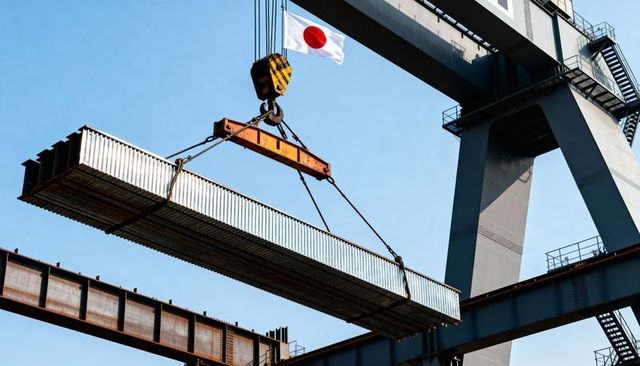 Hoisting corrugated steel panels with gantry crane and spreader beam under Japanese flag