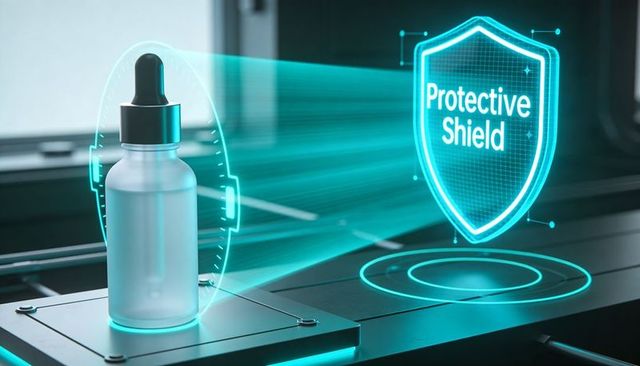 Scanning frosted dropper bottle with holographic protective shield on lab conveyor