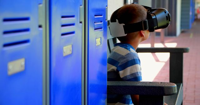 Young Boy Experiencing Virtual Reality Outside School Lockers - Download Free Stock Images Pikwizard.com