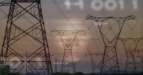 Twilight Transmission Towers and Ghostly Face Overlay Conveying Energy Grid Vulnerability