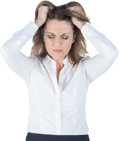 Transparent image of stressed businesswoman with head in hands