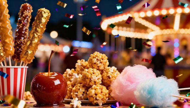 Serving carnival sweets: candied apple, caramel popcorn clusters, cotton candy, confetti