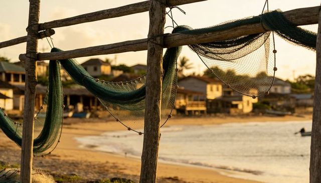 Hanging green fishing nets on weathered wooden rack along coastal village at golden hour