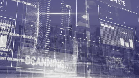 Futuristic Infographic Data Scan over Cityscape Imagery