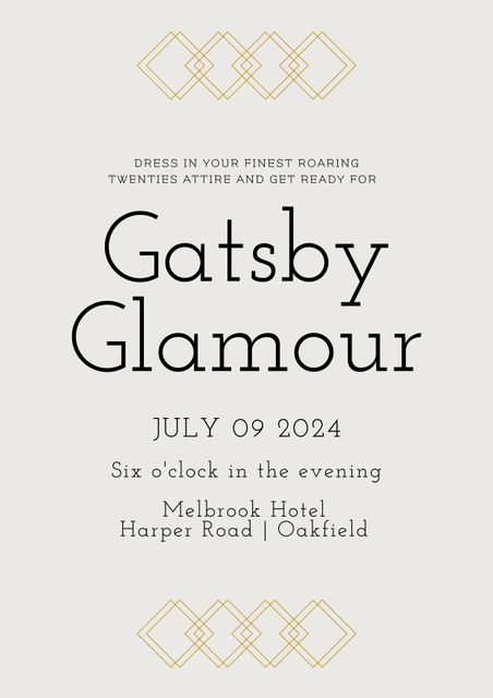 This design is perfect for anyone hosting a Gatsby-themed party or event. With elegant golden shapes and classic typography, it evokes the charm and sophistication of the Roaring Twenties. Ideal for soirées, themed parties, and elegant gatherings, it can also be used in social media promotions or physical invitations for special events.
