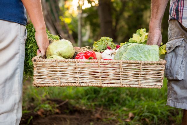 Two farmers carrying a wicker basket filled with fresh organic vegetables, including cabbage, peppers, and leafy greens. Ideal for use in articles or advertisements about organic farming, local produce, healthy eating, and sustainable agriculture.