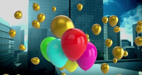 Colorful Balloons Floating Over Modern Cityscape - Download Free Stock Images Pikwizard.com