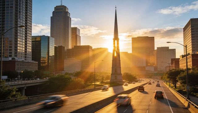 Sun aligning behind city spire casting golden rays across busy urban highway