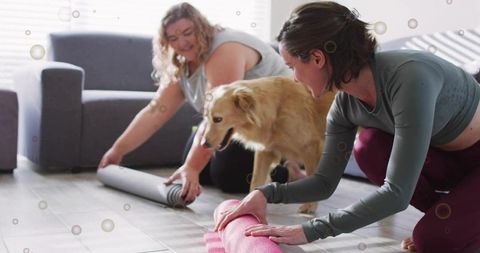 Women rolling yoga mats with golden retriever in bright living room home workout
