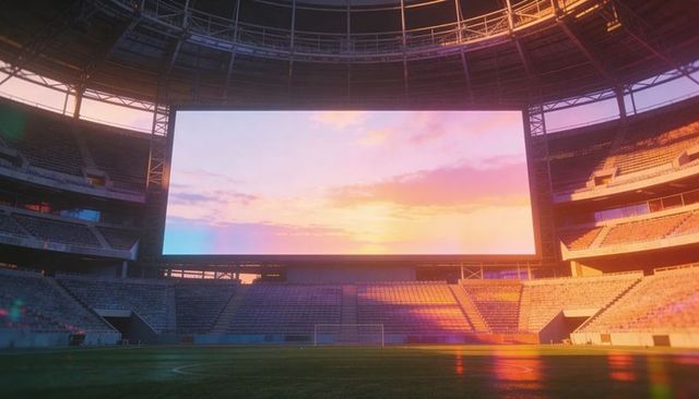 Massive LED Screen Showing Sunset Gradient Over Empty Soccer Pitch in Stadium Bowl at Dusk