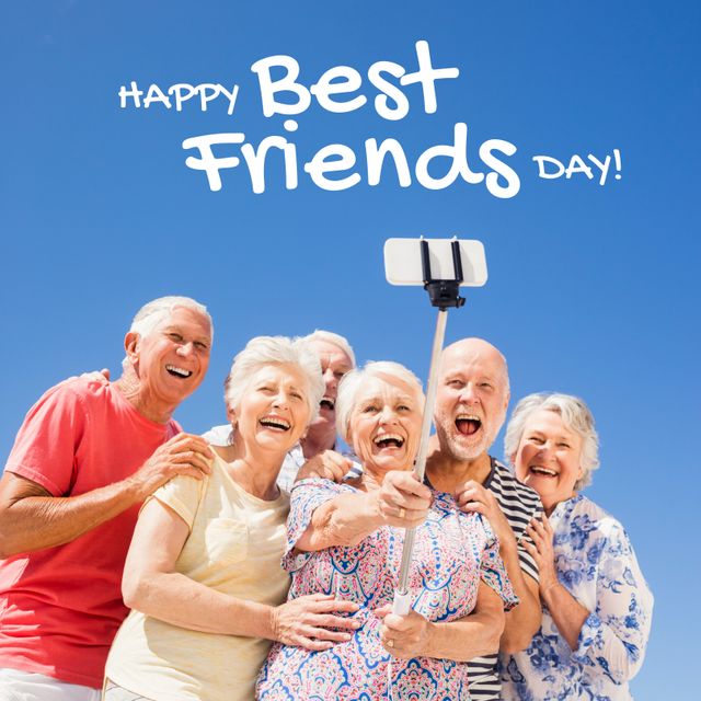 A group of cheerful senior friends taking a selfie outdoors with a bright blue sky. The banner text reads 'Happy Best Friends Day!' Perfect for celebrating Friends Day, promoting senior activities, community events, greeting cards, and social media posts involving friendship and joyful moments.