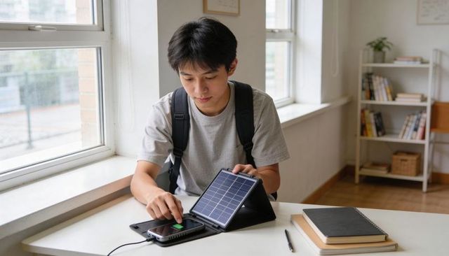 Student charging phone with portable solar panel in dorm room, sustainable mobile power