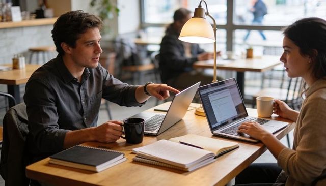 Young professionals collaborating over laptops and coffee at modern coworking cafe
