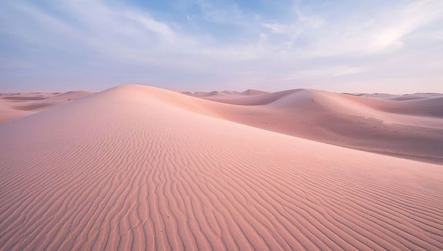 Pastel sand dunes showing rippled texture under soft sky in vast desert