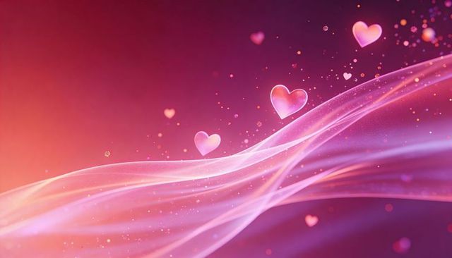 Dreamy Ethereal Flowing Pink-Purple Ribbon with Glowing Hearts and Golden Bokeh Sparkles