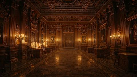 Masonic luxurious ceremonial hall with elegant chandeliers and wood paneling