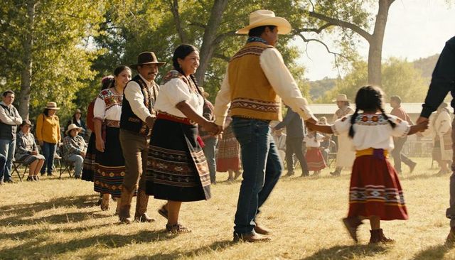 Family dancing circle wearing embroidered skirts and cowboy hats at cultural festival