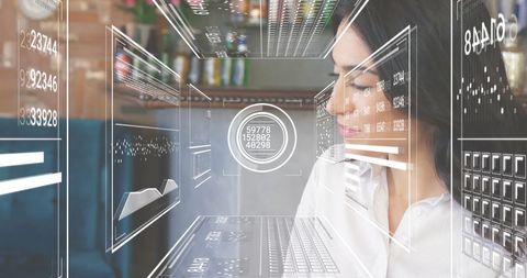 Businesswoman Analyzing Digital Finance Displays in Futuristic Workspace