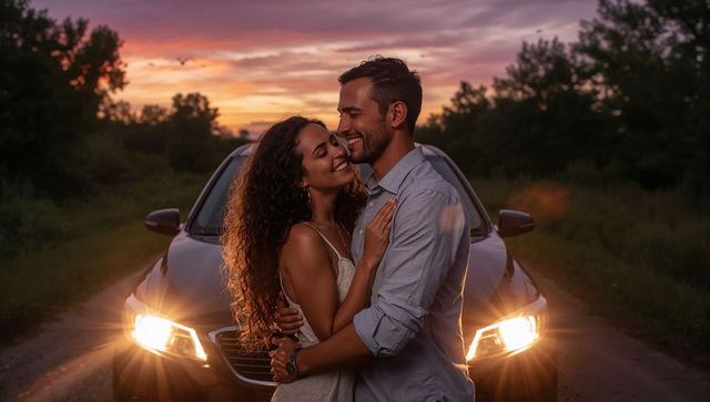 Couple embracing at sunset on rural road with car headlights and romantic lens flare