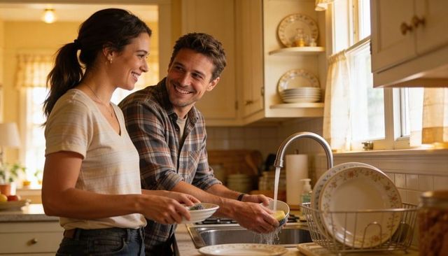 Couple washing dishes together in cozy sunlit kitchen, smiling and sharing warm morning