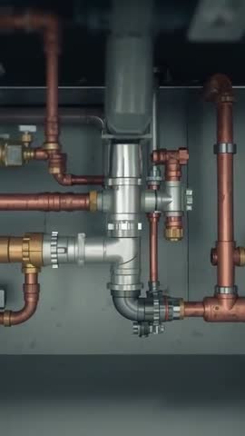 Vertical video tilting camera revealing center T-joint with copper brass piping in service chase