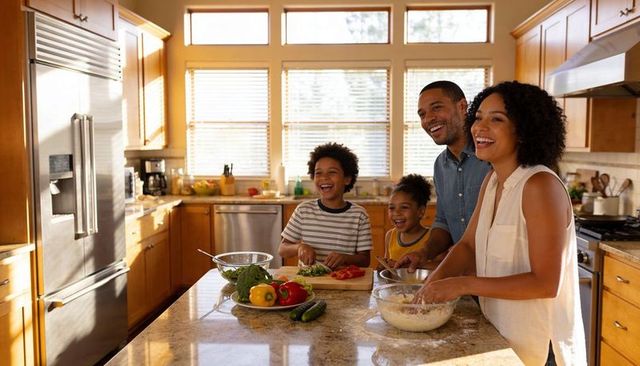 Sunlit family cooking together at granite island parents and kids preparing healthy meal