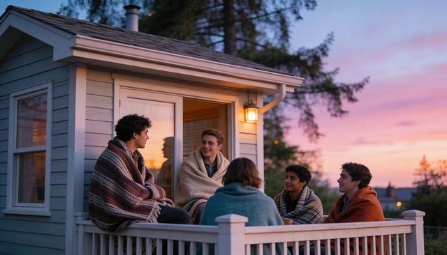 Friends gathering on blue cottage porch at sunset sharing blankets and laughter