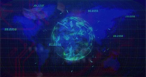 Holographic polygonal globe emitting data shards over neon grid, streaming telemetry