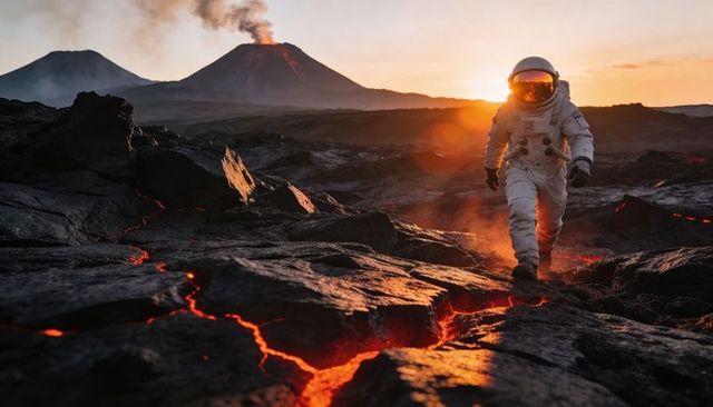 Astronaut walking across volcanic lava field sunset with glowing fissures and erupting volcano