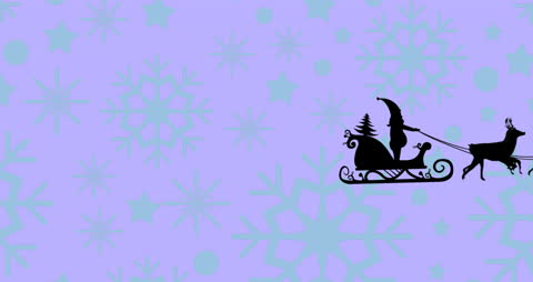 Santa Claus Sleigh and Reindeer Silhouette on Snowflake Background