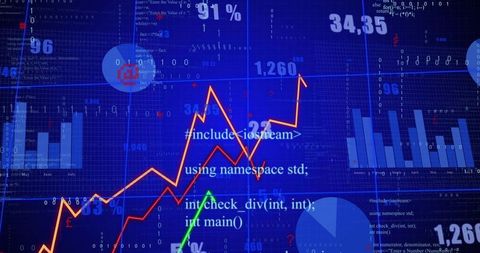 Digital Data Dashboard Showing Rising Line Charts with Code Overlay and Analytics