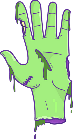 Spooky cartoon zombie hand dripping with slime on transparent background