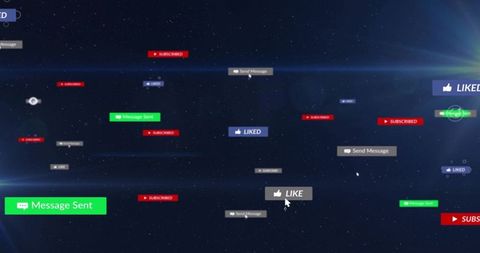 Floating social media notifications over futuristic starfield interface with cursor