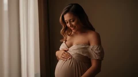 Smiling expectant mother caressing belly by sheer curtain window during warm maternity video