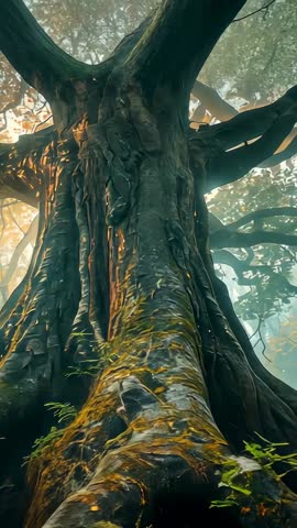 Vertical camera rising along ancient tree trunk revealing moss and roots in misty forest