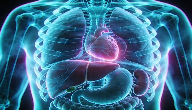 Translucent torso showing glowing heart and major organs in neon medical anatomy visual