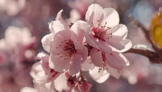 Sunlit pink cherry blossoms blooming closeup macro, soft bokeh, backlit delicate petals